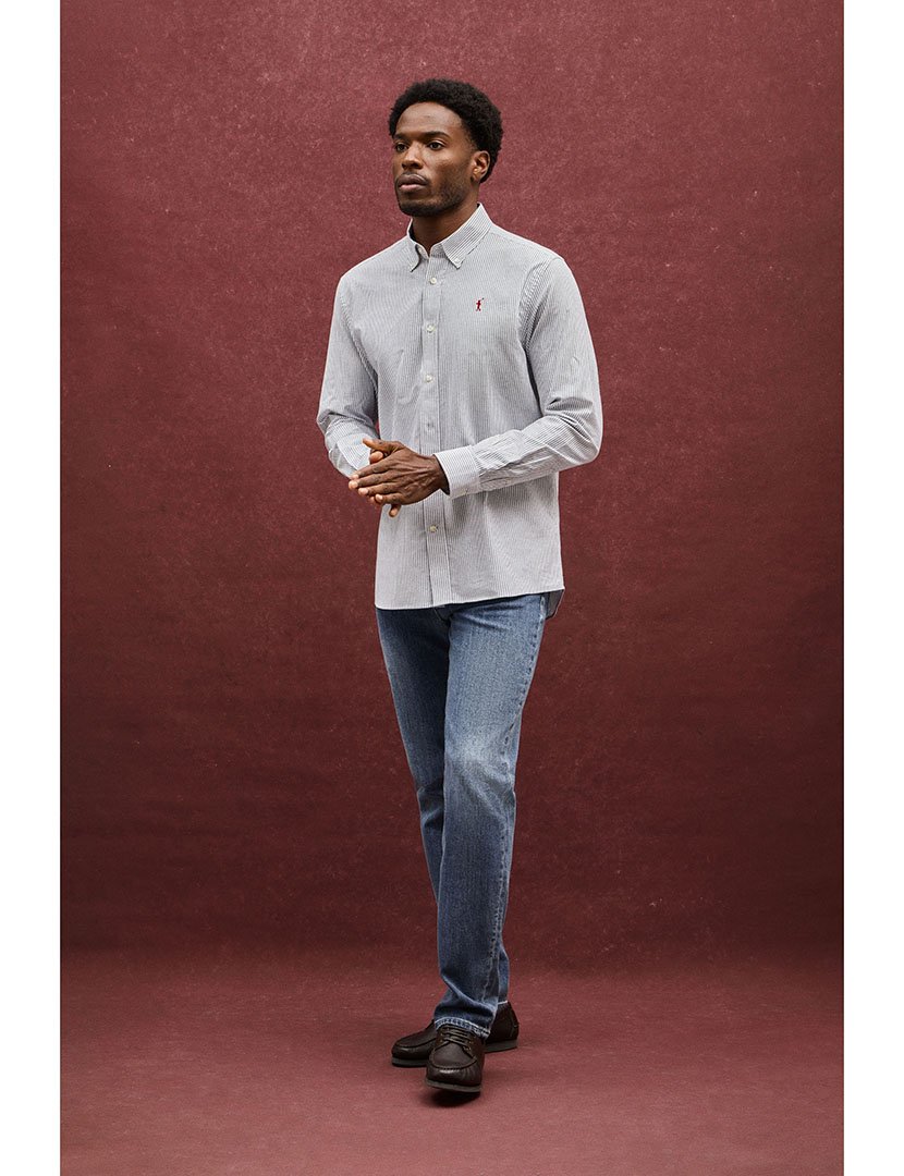 Camisa de manga comprida às riscas slim fit Azul Marinho
