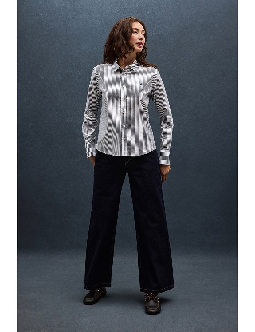 Camisa de manga comprida às riscas regular fit Azul Marinho