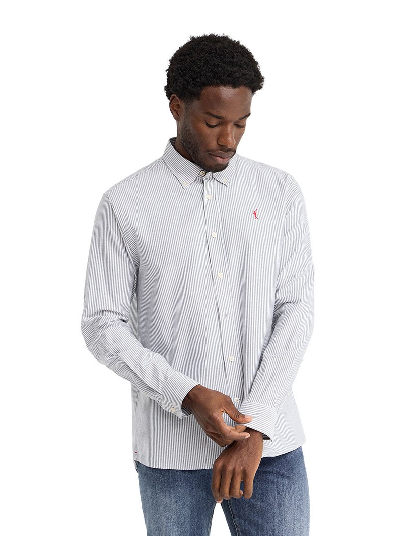 Camisa de manga comprida às riscas slim fit Azul Marinho