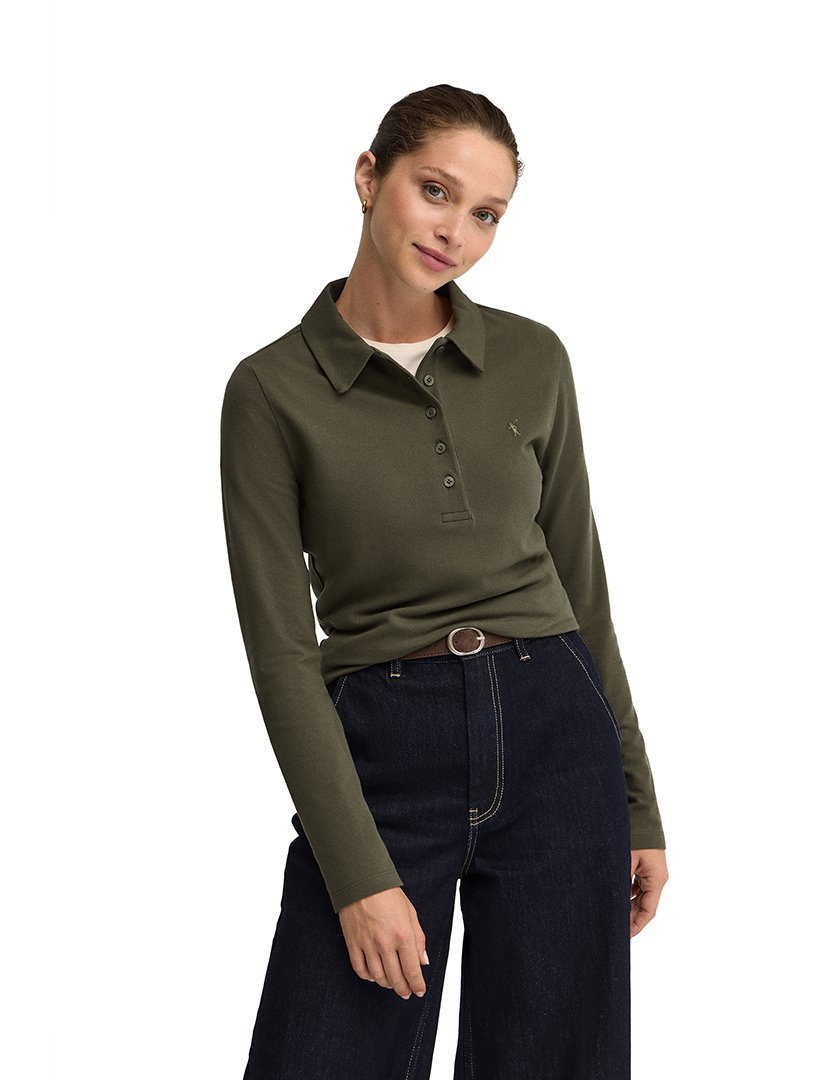 Pólo de manga comprida slim fit Verde Militar